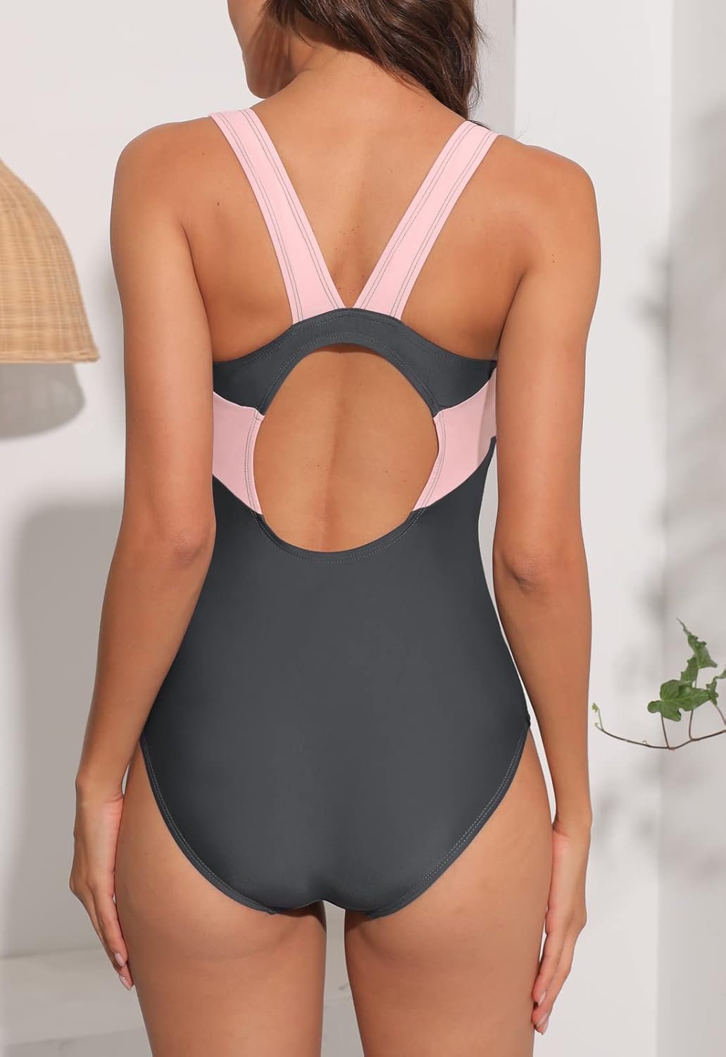 Halcurt Damen Sportlicher Einteiler Badeanzug Racer Back Schwimmanzug Figuroptimizer Bademode Grau/R