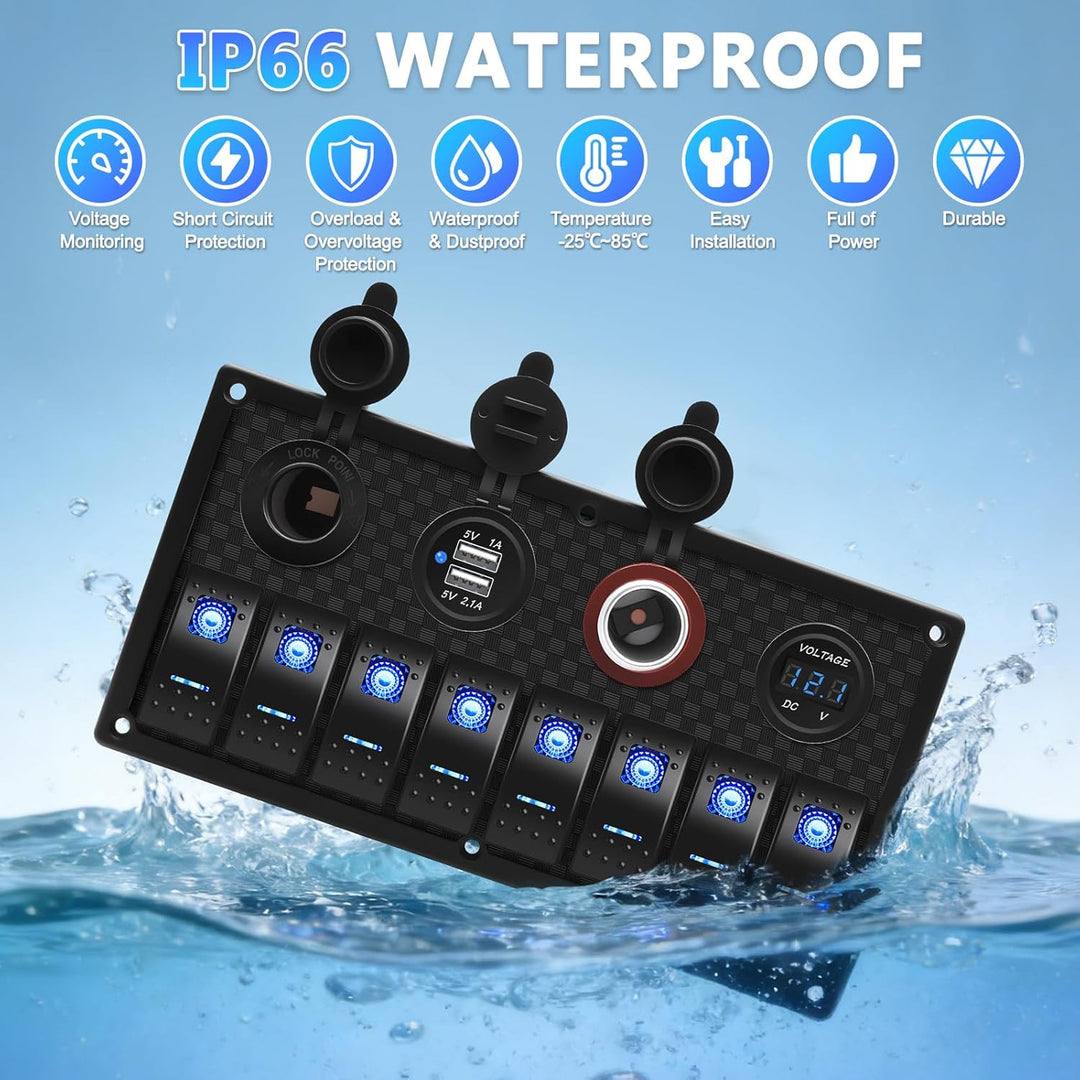 Geloo Marine Boat 8 Gang Schalter Panel Wasserdicht Toggle Rocker Zündschalter mit Voltmeter Display