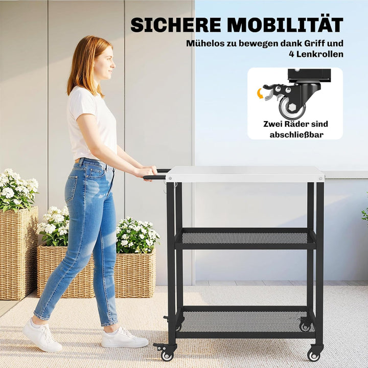 Outsunny Grillwagen 3-Etagen Servierwagen mit Arbeitsfläche verstellbar Ablagen Haken Räder, BBQ Gri