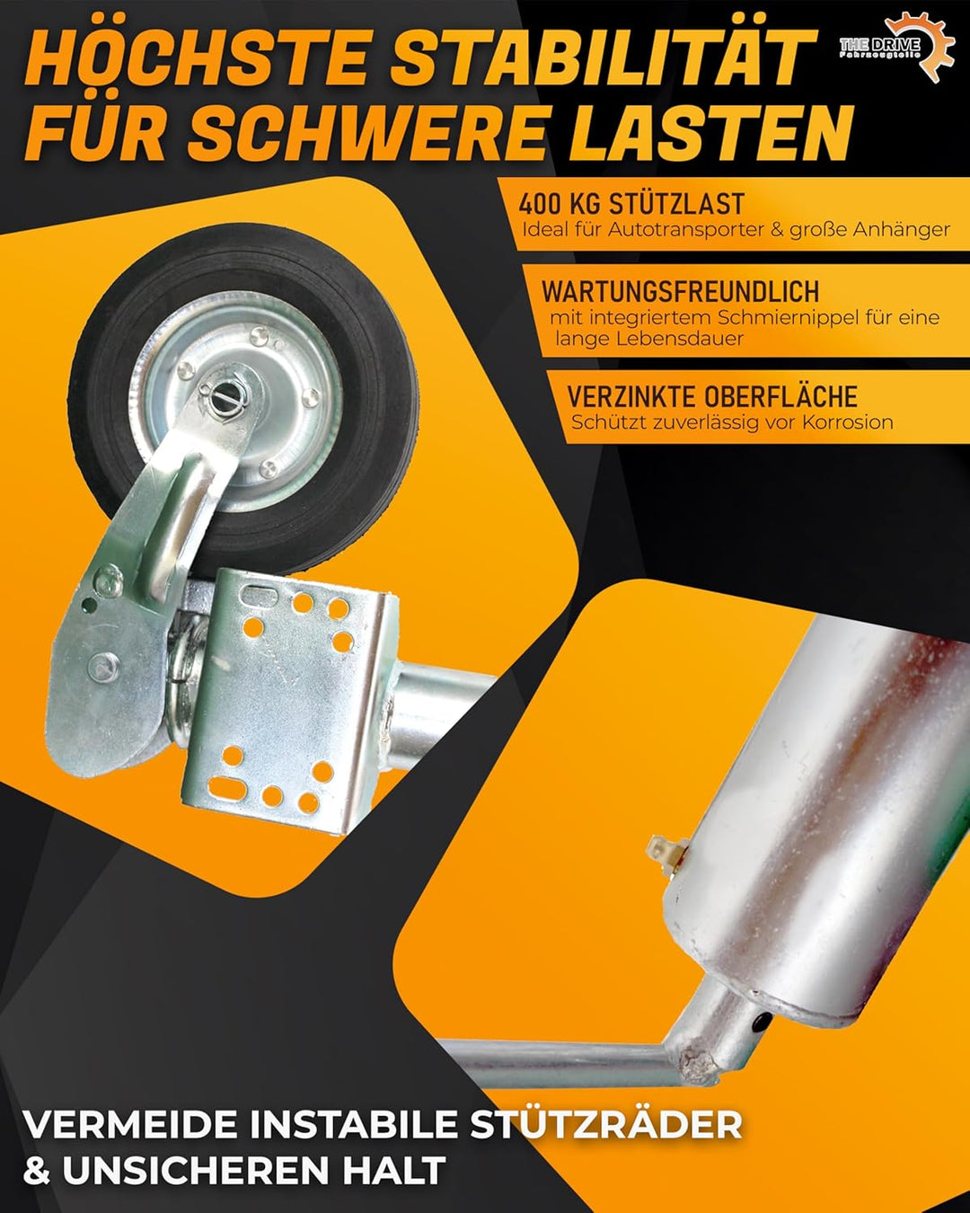 The Drive | Anhänger Stützrad 400KG | vollautomatik | Ø 60mm Rohr mit Anbauflansch | perfekt für Anh