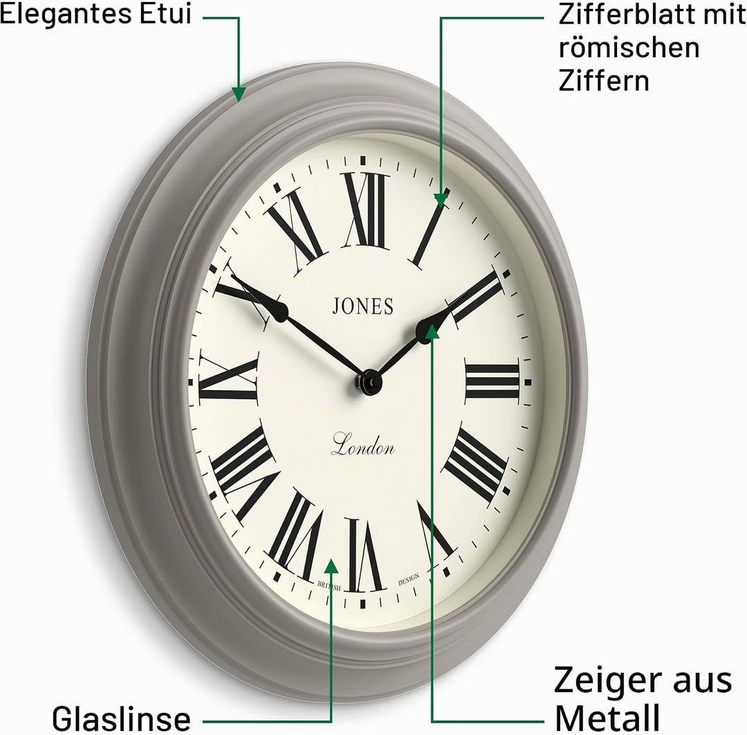 JONES CLOCKS® Supper Club grosse Wanduhr, klassisches Design, cremefarbenes Zifferblatt und Schwarze