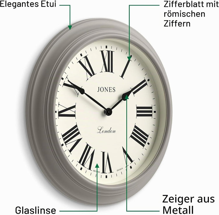 JONES CLOCKS® Supper Club grosse Wanduhr, klassisches Design, cremefarbenes Zifferblatt und Schwarze