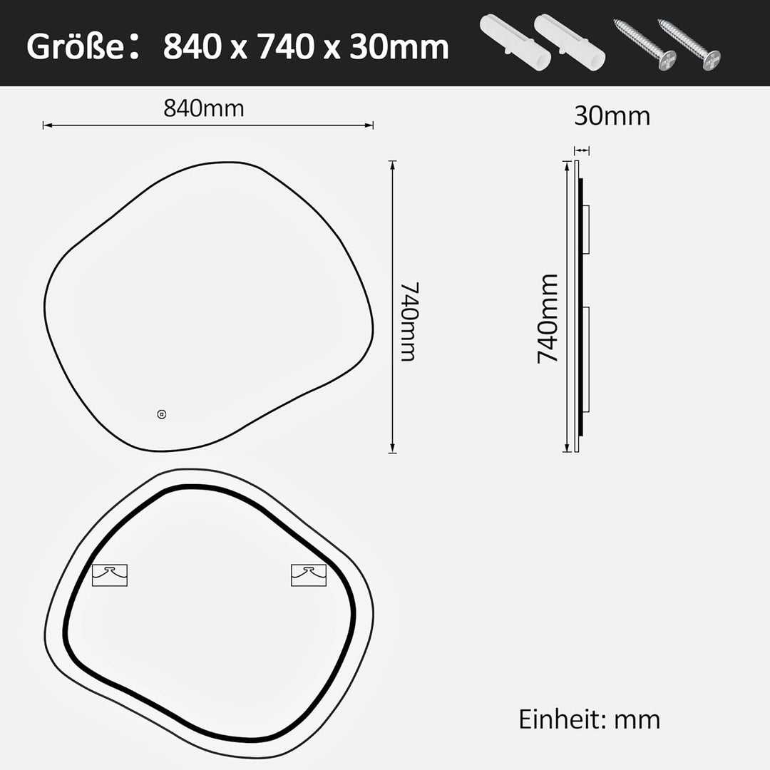 Boromal Asymmetrischer Badspiegel mit Beleuchtung 84x74cm Asymmetrischer Spiegel mit Beleuchtung Spi