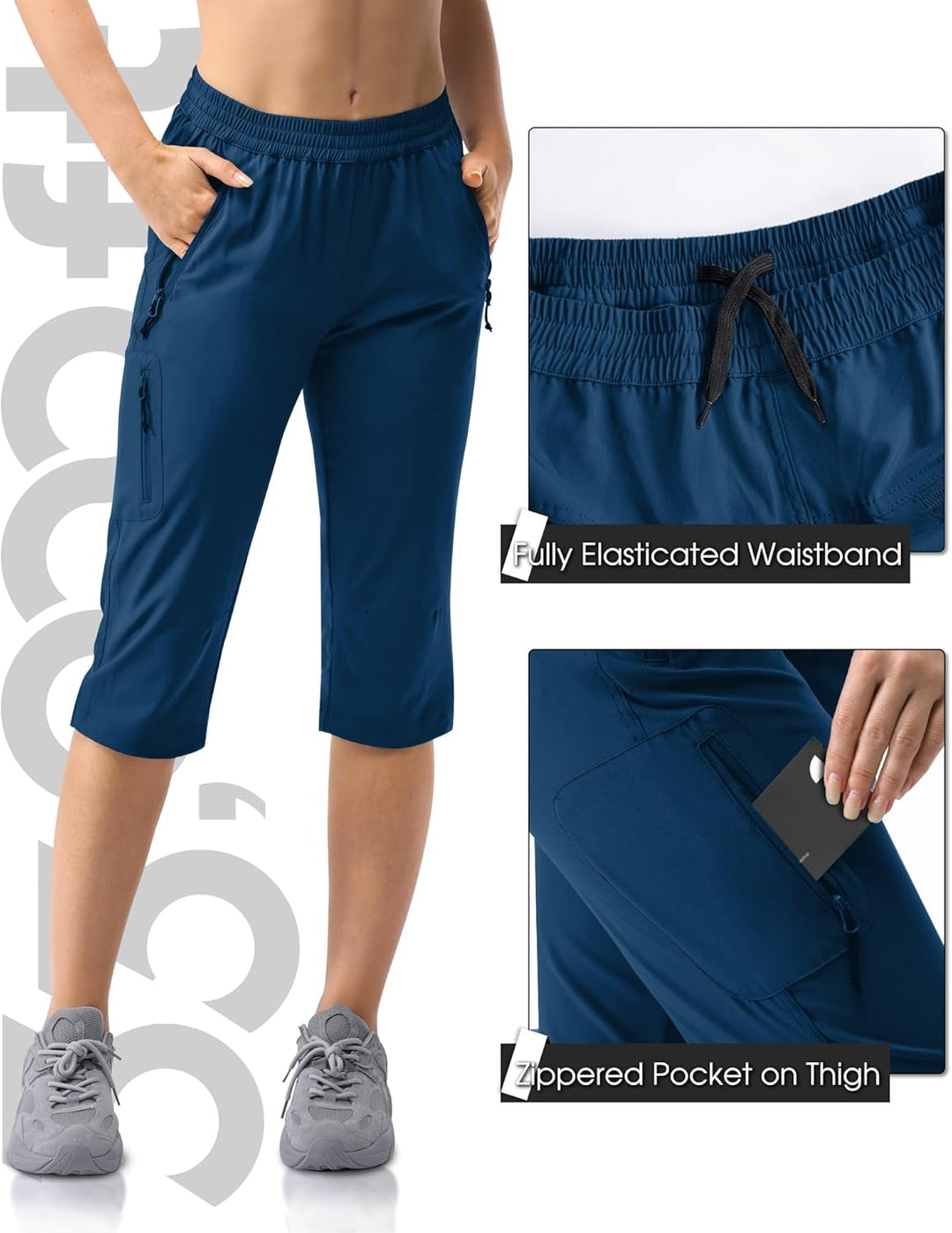 33,000ft Damen 3/4 Hose Capri Wanderhose Stretch Leichte Radhose Taschen Sommer Outdoor Golf Hose 40