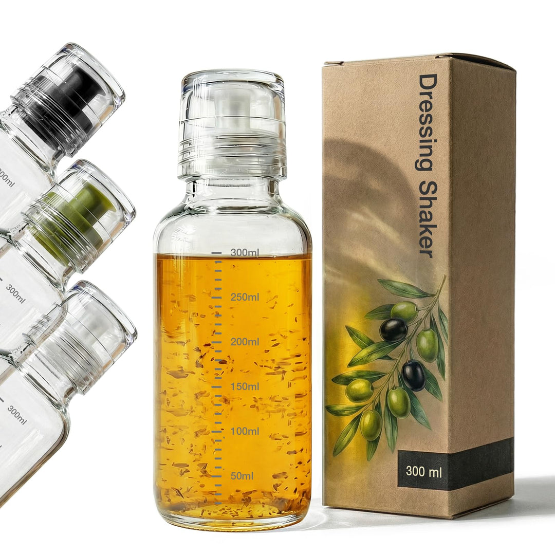 Dressingshaker aus Glas mit Skalierung 300ml | Dressing Behälter mit tropffreien Ausguss, spülmaschi