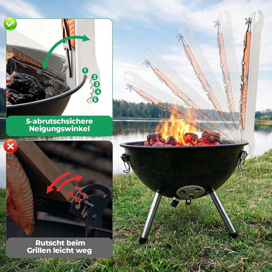 WELL GRILL Flammlachsbrett Edelstahl Lachsbrett Fisch Grillhalter | Grillzubehör für Feuerschale und