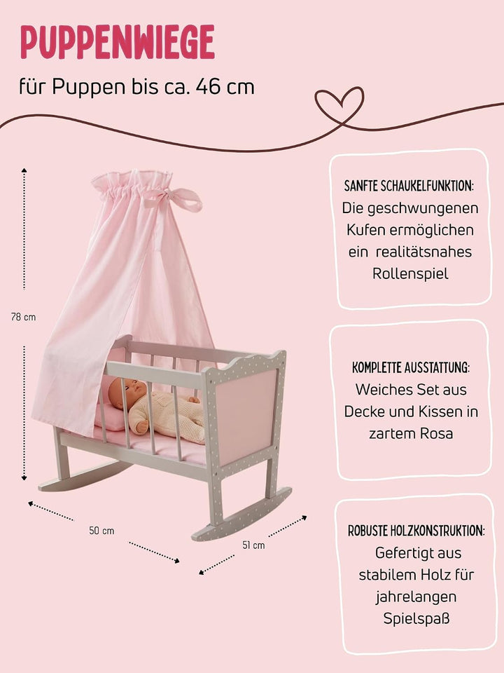 Bayer Chic 2000 - Puppenwiege, Wiege für Puppen, Puppenbett, Puppenmöbel, Puppenzubehör, Puntos grau