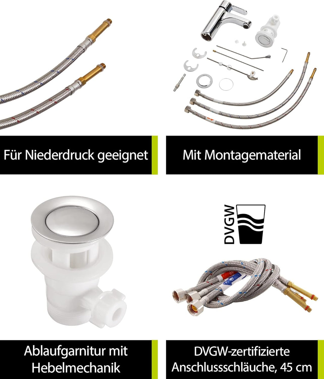 Aquasu Niederdruck Waschtischarmatur Tius, inklusive Excentergarnitur, langlebige Keramikkartusche,