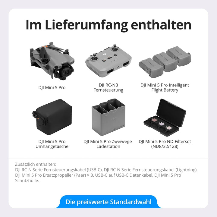 DJI Mini 5 Pro Fly More Combo mit DJI RC-N3, 4K Drohne mit Kamera, 1-Zoll CMOS, Omnidirektionaler Hi