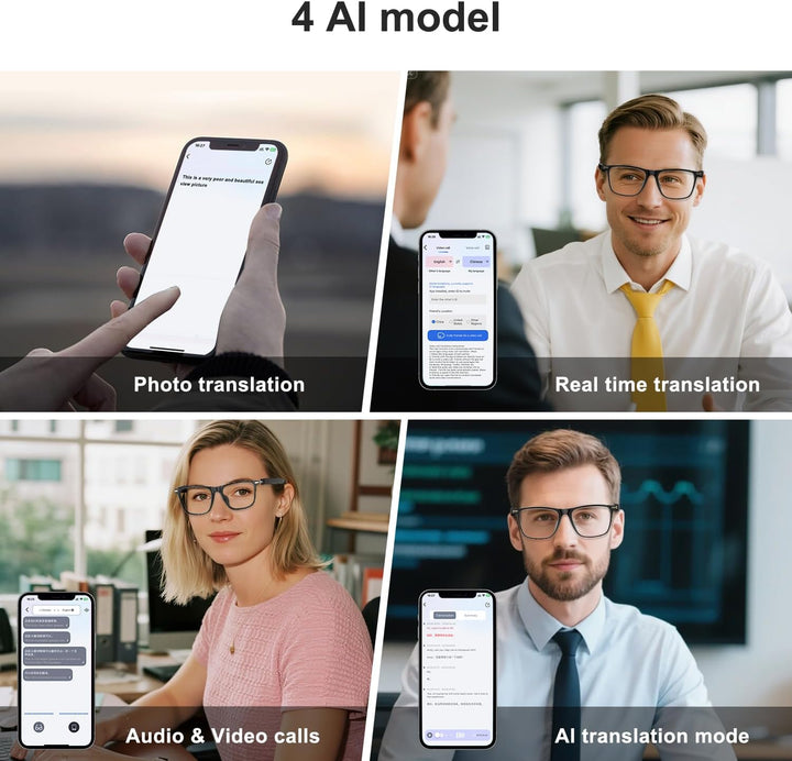 Bluetooth AI Smart Brille mit 160+ Sprachen, Farbwechsel-Linsen, Integriertem Lautsprecher & Klarer