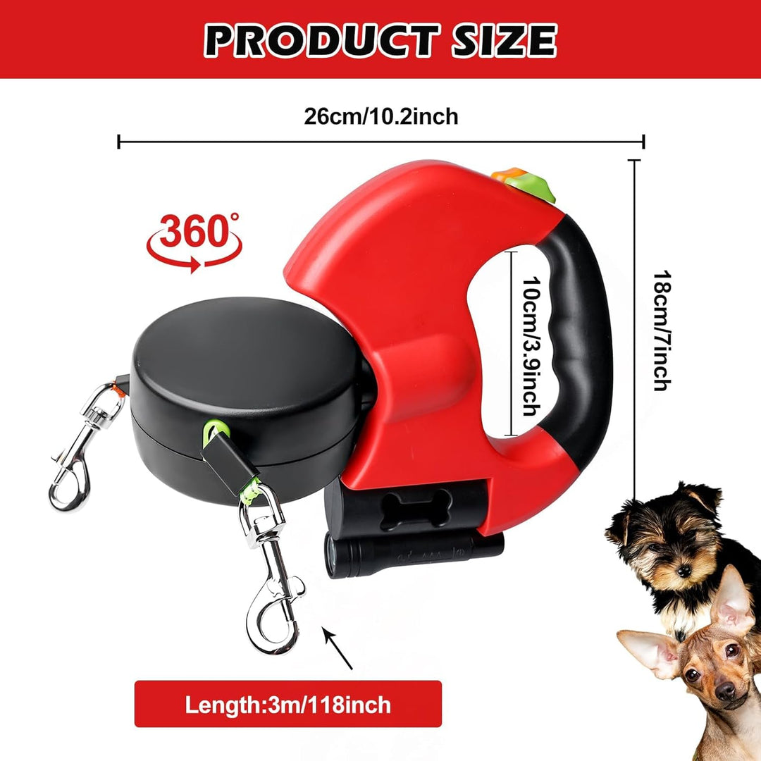Doppelleine für 2 Hunde - 3 Meter, Einziehbare und Ausziehbare Hundeleine mit Lichtfunktion, Ergonom