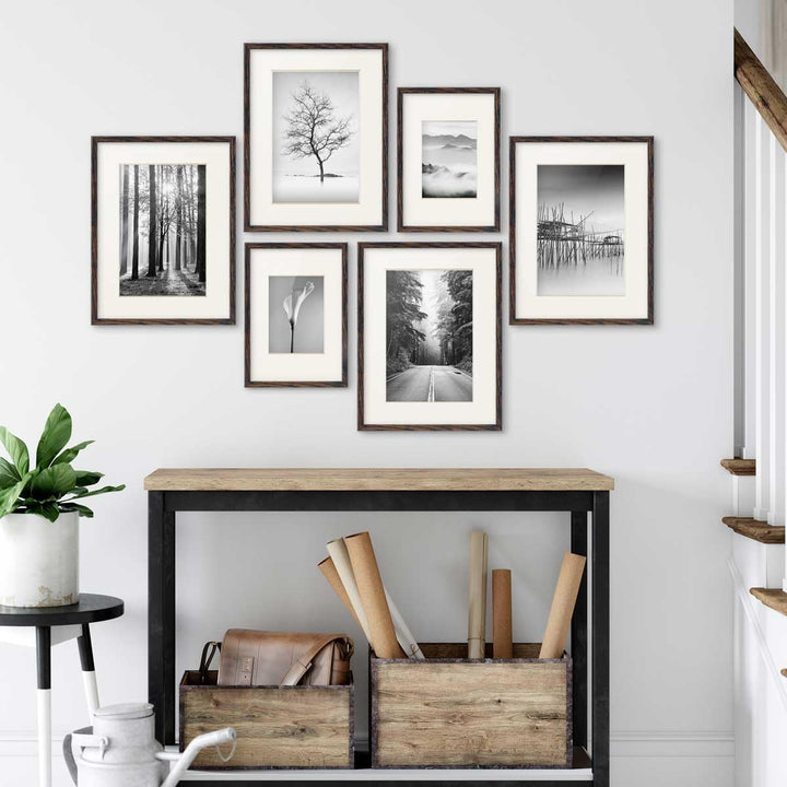 PHOTOLINI Bilderrahmen-Set MDF-Holz Eiche Dunkel, 6er No.4 Rahmenset Posterrahmen mit Passepartout,
