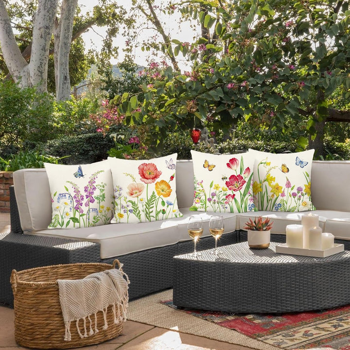 Bonhause 4er Set Kissenbezüge Blumen 45 x 45 cm Blume Garten Schmetterlinge Polyester Leinen Dekorat