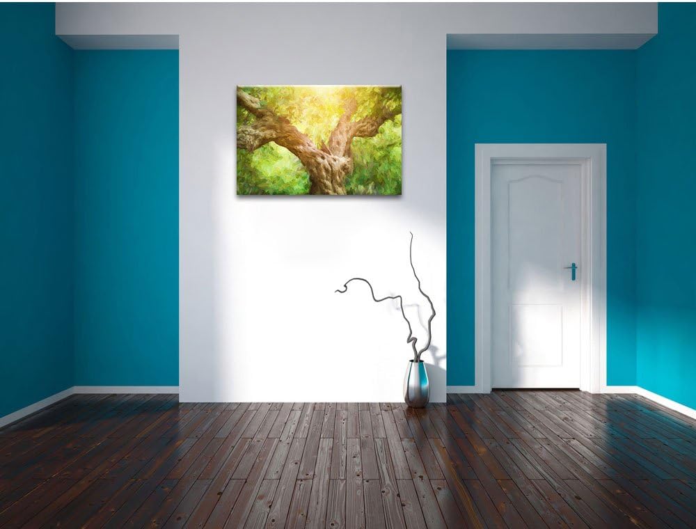 Pixxprint Mächtiger Baum im Wald Kunst Pinsel Effekt, Format: 100x70 auf Leinwand, XXL riesige Bilde