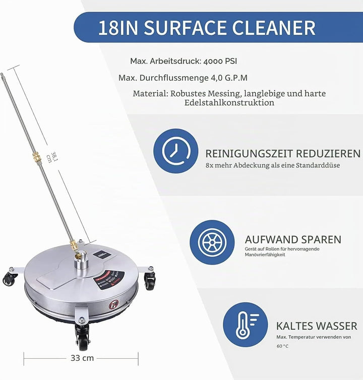 13" Pressure Washer Surface Cleaner with 4 Wheels, Stainless Steel Housing & 1/4" Quick Connector, P