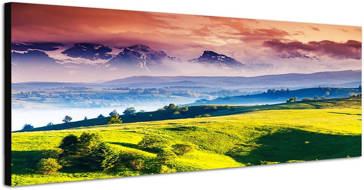Paul Sinus Art Panoramabild auf Leinwand und Keilrahmen 150x50cm Alpen Gebirge Schnee Wiesen Wolken