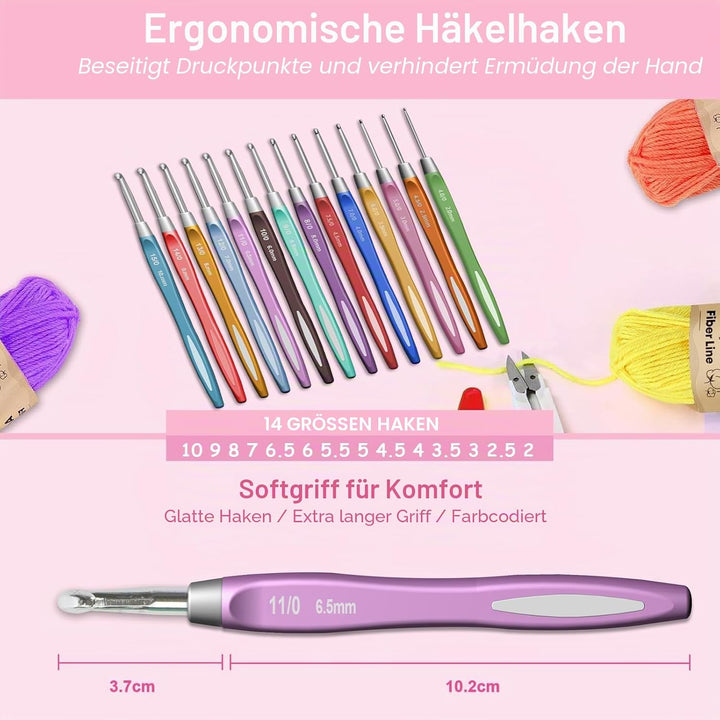 7CDXD Häkelset, Häkelset Set für Anfänger, Strickset enthält 12 Spulen Häkelgarn, 14 Häkelnadeln, 4
