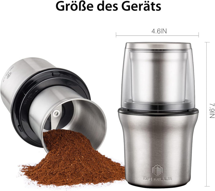 DR MILLS DM-7412M Elektrische Gewürz- und Kaffeemühle, Mühle und Hackmesser, abnehmbarer Becher, abw