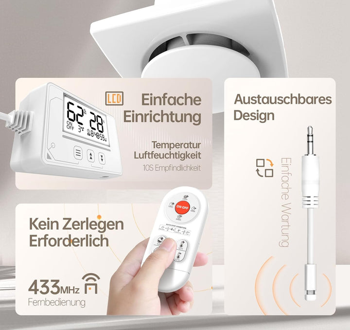 SBONNI Badlüfter mit Feuchtigkeitssensor Temperatursensor Timer - 3 Stufen WC Lüfter 100mm mit Fernb
