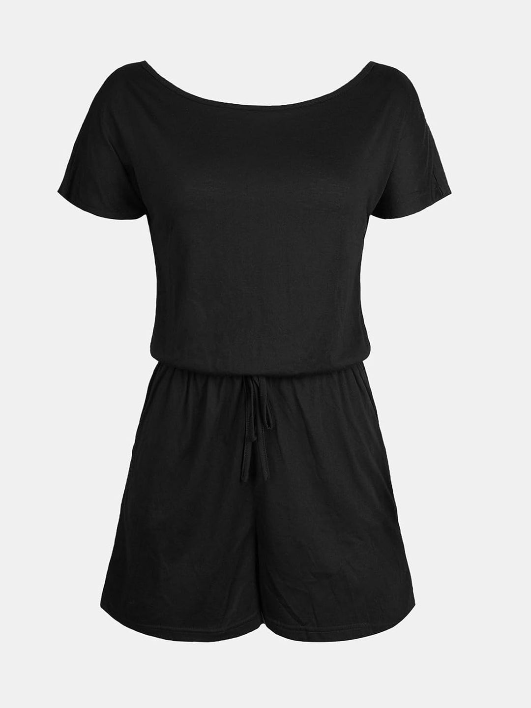 CUPSHE Damen Jumpsuit Rundhals Kurzarm Weites bein Tunnelzug Taschen Overall Sommer Kurz Romper Play