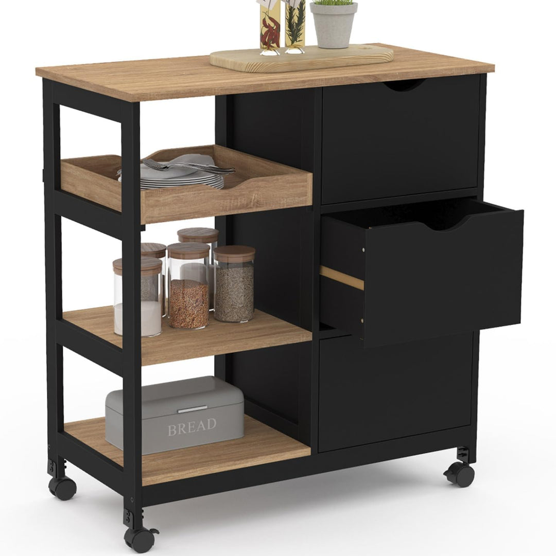 IDMarket - Küchenwagen MUNA 3 Körbe + 1 abnehmbares Tablett schwarz und Bucheffekt B.76 cm