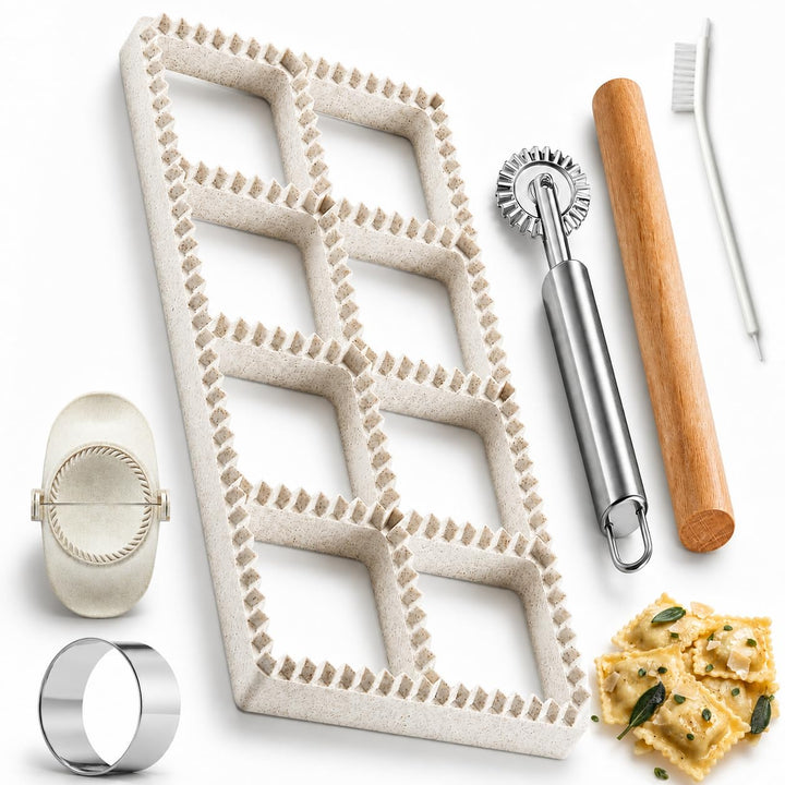 Ravioli Maker Set, 5-teilig, 8er Ravioliform mit Nudelholz &amp; Teigrädchen, 5-Teilig