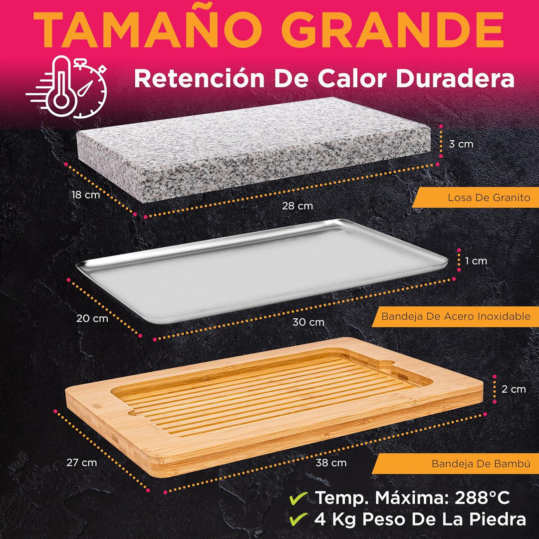 NutriChef Granitstein Grillplatte 38x27cm – Teppanyaki Tischgrill mit Bambusplatte, Antihaft, 290°C,