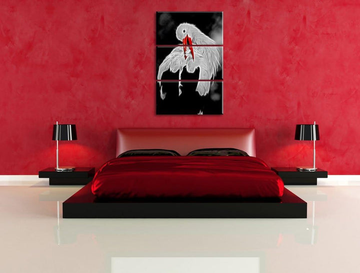 Dark anmutiger grosser Storch putzt sich schwarz/weiss Deluxe 3-Teiler Leinwandbild 120x80 Bild auf