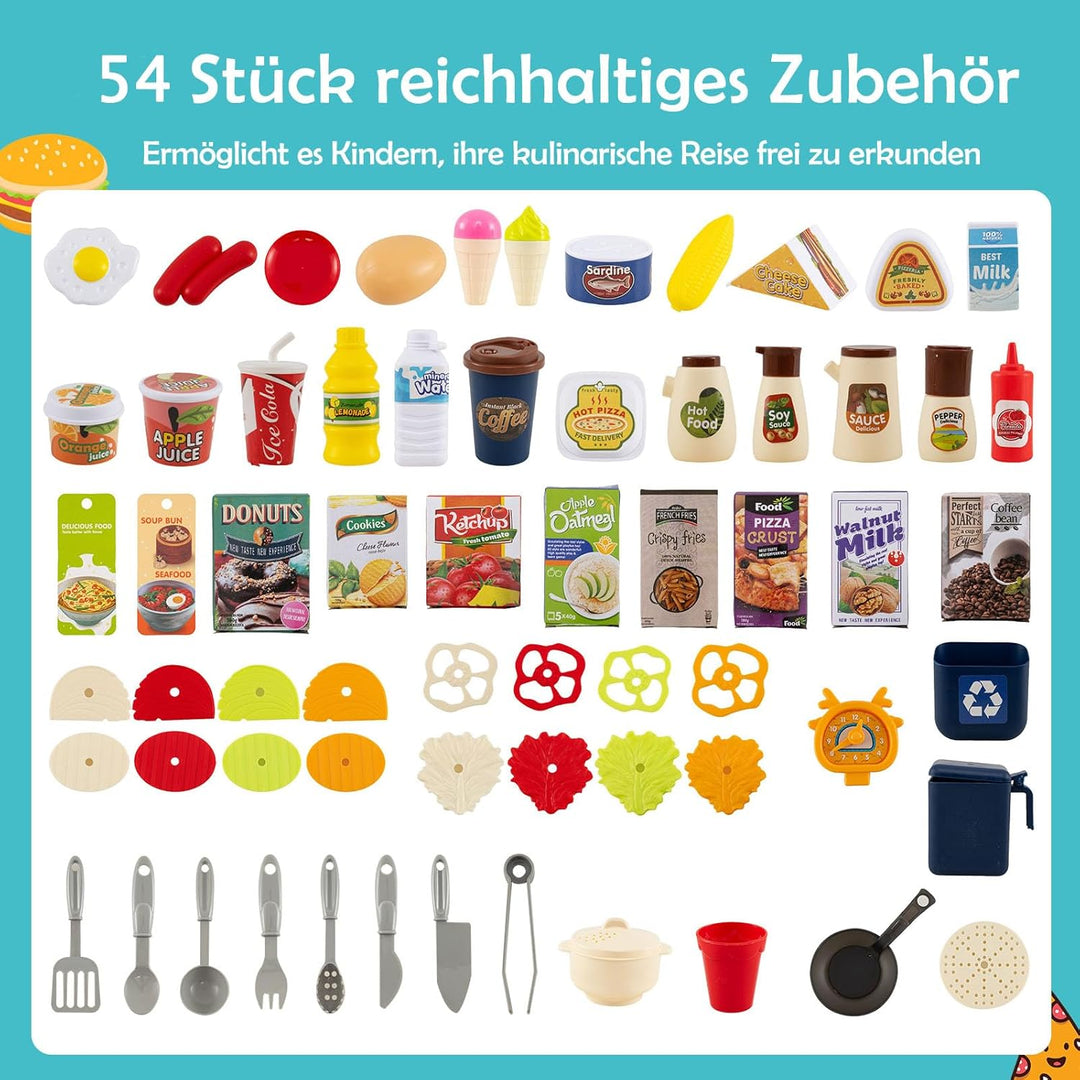 DREAMADE Kinderküche mit 54 TLG. Zubehör, Kinderspielküche mit Spülbecken Wasserhahn Herd Öfen, Spie