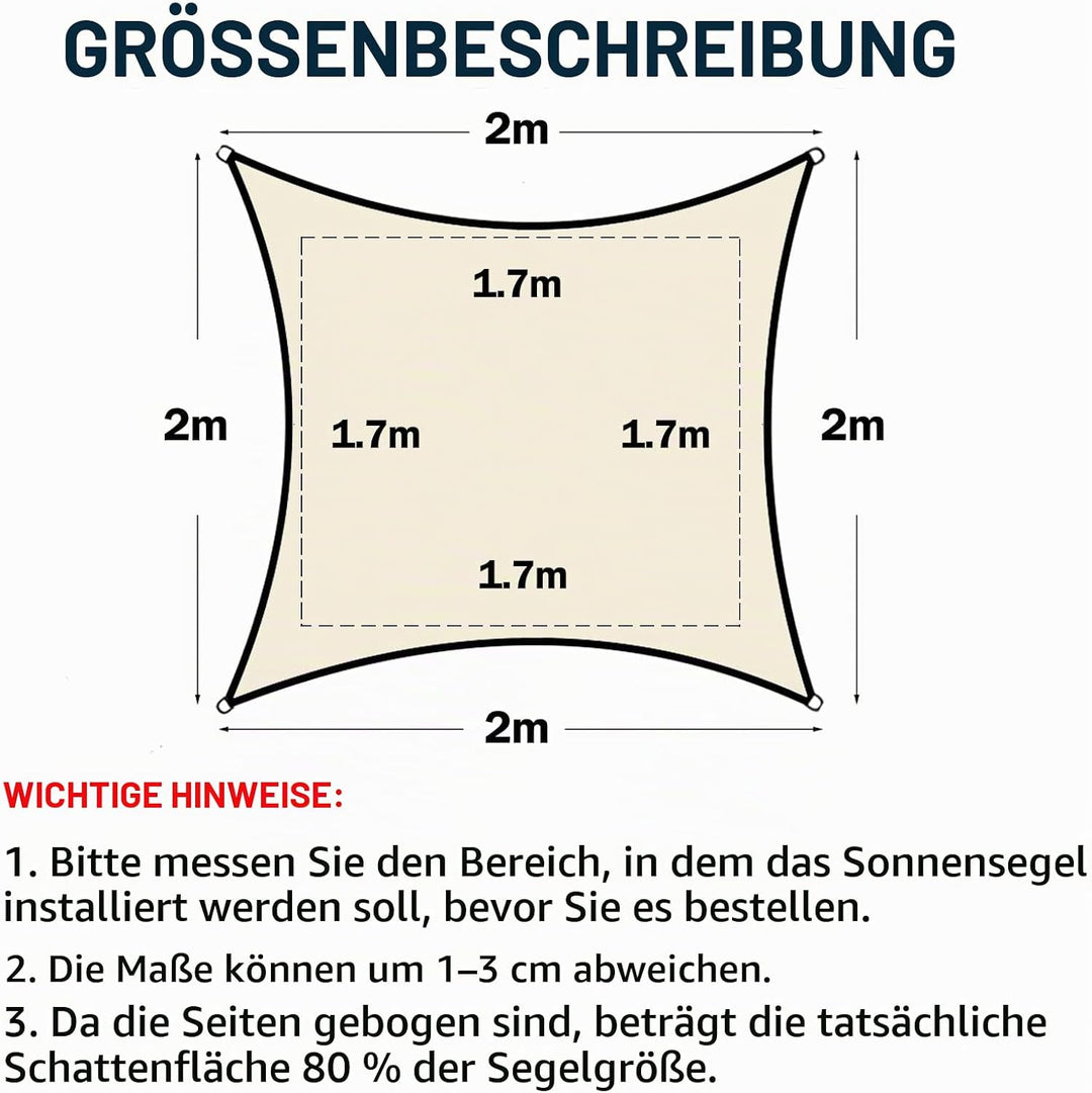 Sonnensegel Sonnenschutz inkl Befestigungsseile PES Polyester Wasserdicht 2 x 2m Quadrat Sonnensegel