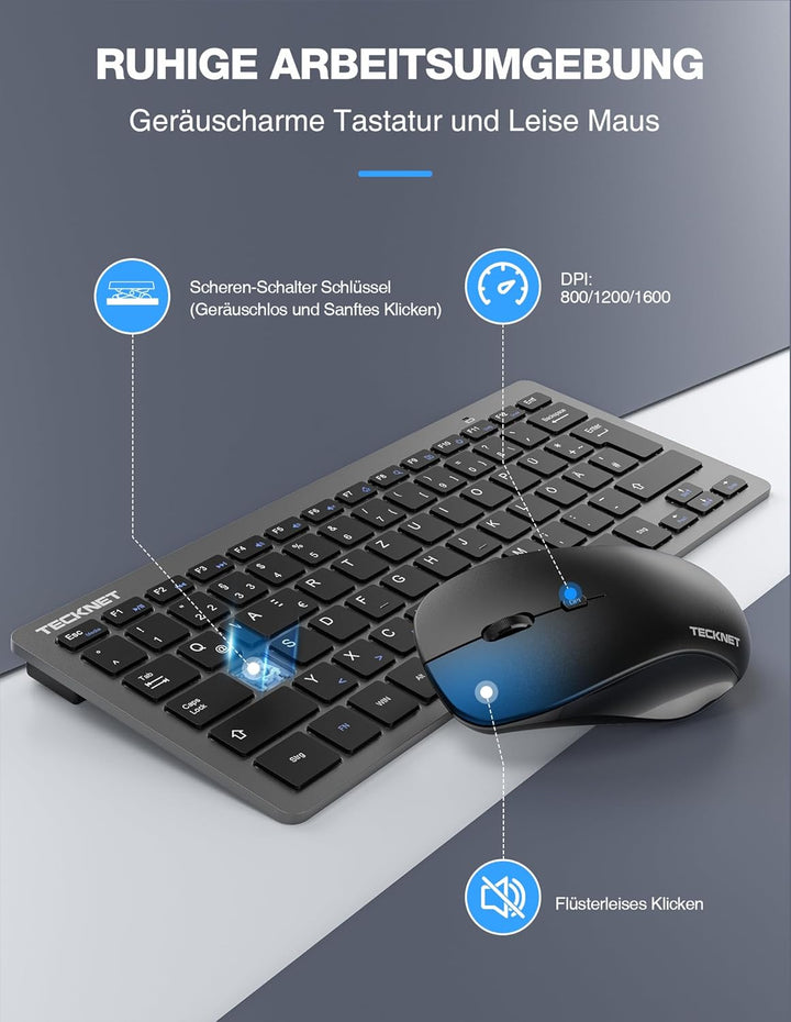 TECKNET Kabelloses Tastatur Maus Set, Deutsch QWERTZ Layout, 2.4 GHz Funk Mini Tastatur Mouse, 15m R