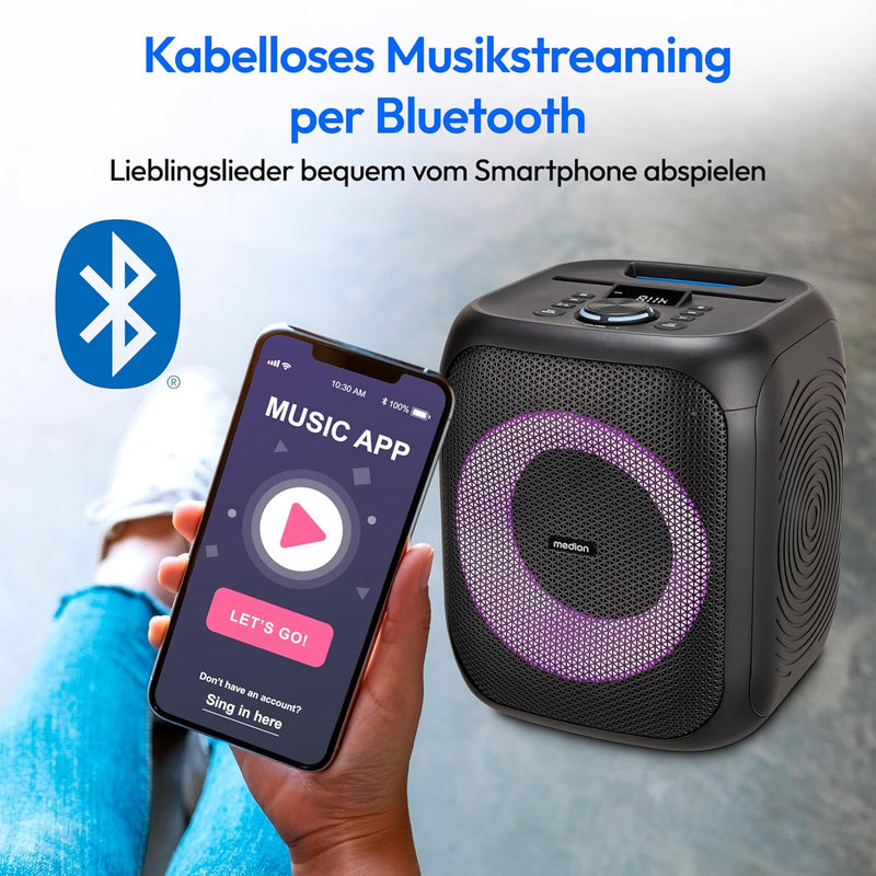 MEDION S61991 Partylautsprecher mit Bluetooth (Partysoundsystem inklusive Mikrofon, Party Box, tragb