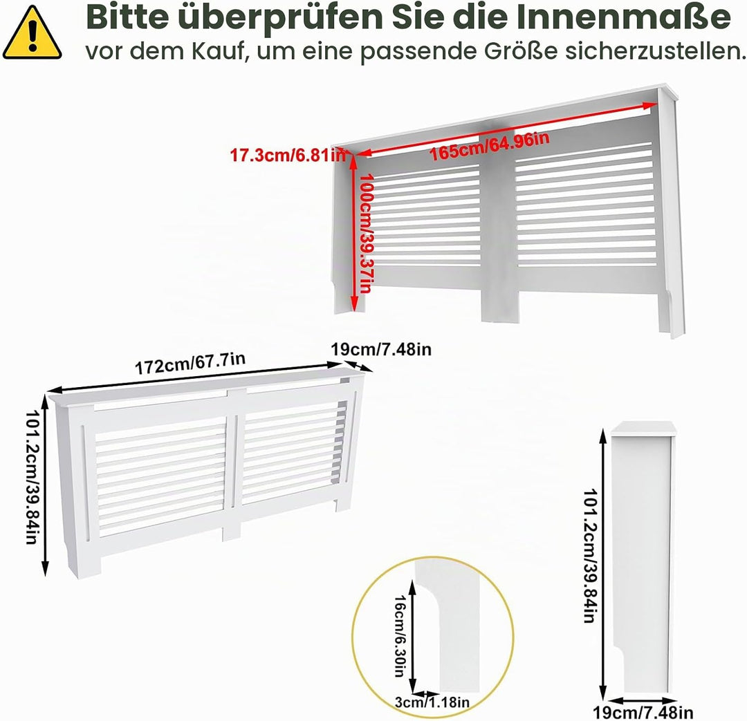 FATIVO Heizkörperverkleidung 101×172×19 cm Hohe Heizkörperabdeckung Horizontal Holz Weiss aus MDF la