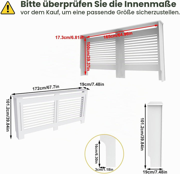 FATIVO Heizkörperverkleidung 101×172×19 cm Hohe Heizkörperabdeckung Horizontal Holz Weiss aus MDF la