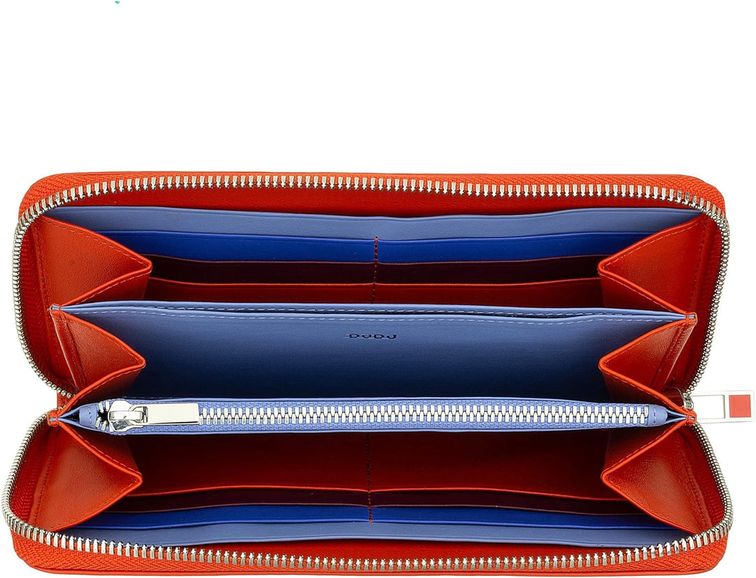 DUDU Grosse Bunte Damenbrieftasche RFID in echtem Leder mit Rundum - Reissverschluss Orange, Orange
