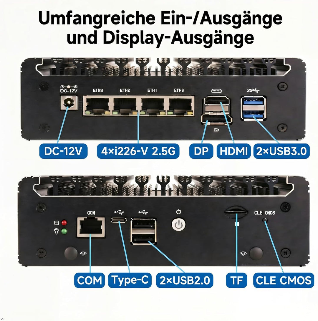 Firewall-Appliance, N150 Mini-PC/Soft-Router mit 4X I226-V 2,5G-Ports | HDMI DP 4K, 6 W TDP, Barebon
