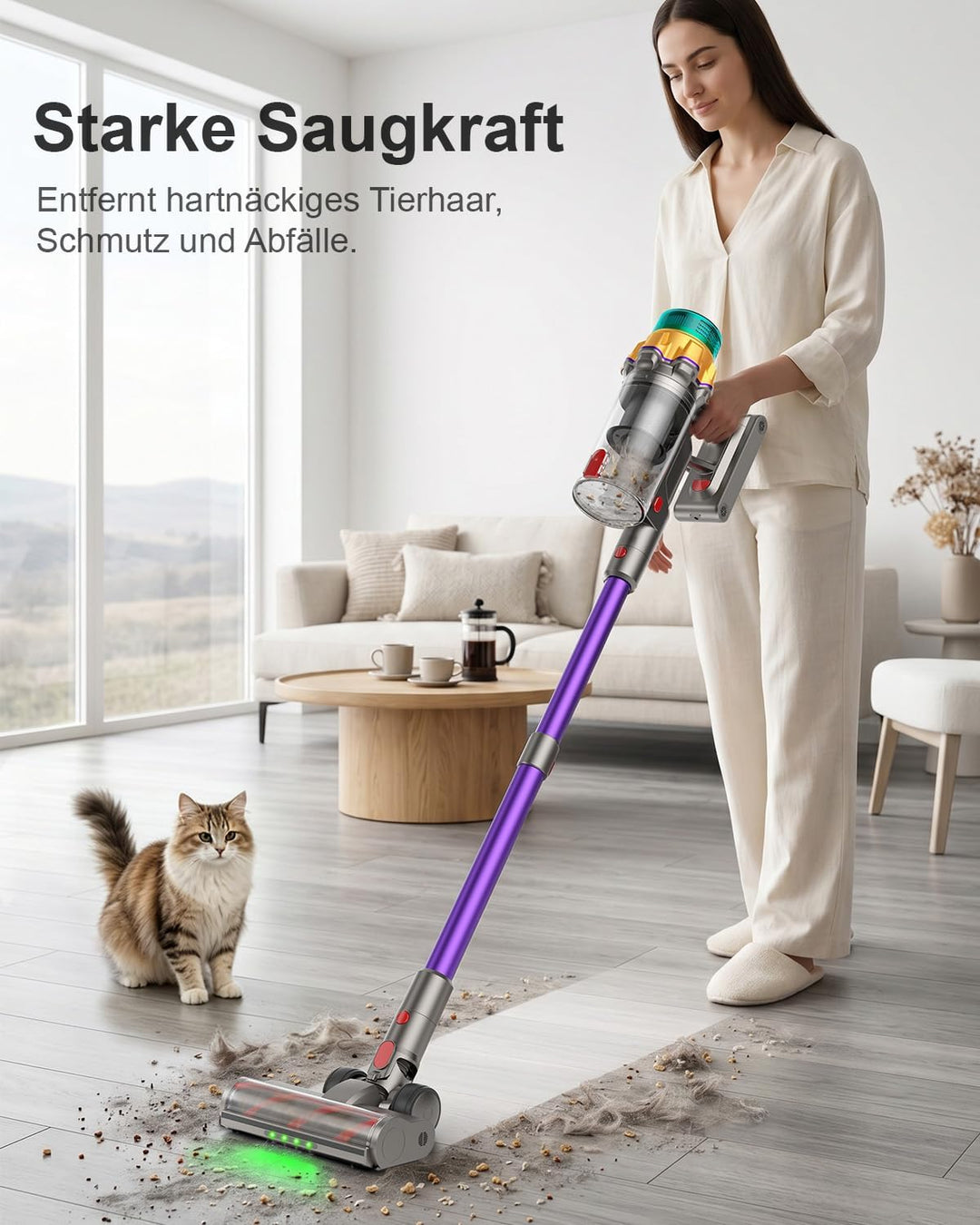 Akku Staubsauger 50000Pa/600W/65Min, staubsauger kabellos mit Display, 2L Staubbehälter, Anti-Tangle