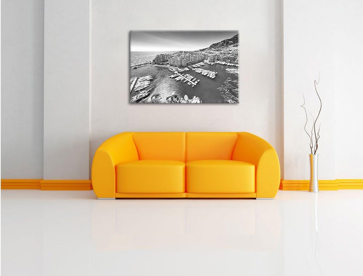 Pixxprint Atemberaubende Küste von Monaco Kunst B&W, Format: 100x70 auf Leinwand, 100x70
