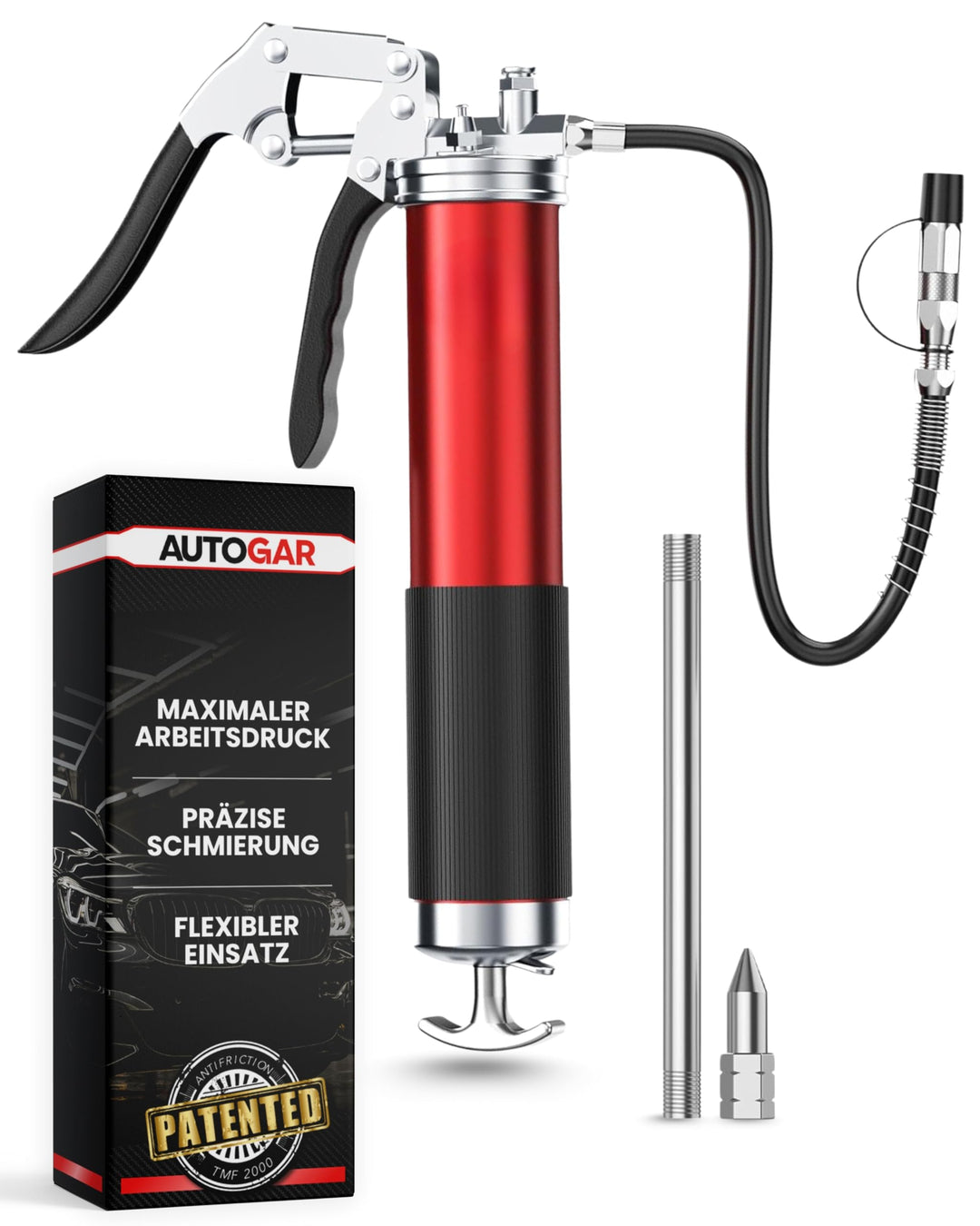Einhand-Fettpresse mit Schlauch &amp; Zubehör I 8000 PSI Hochdruckpresse für 400 g Kartuschen I Kartusch