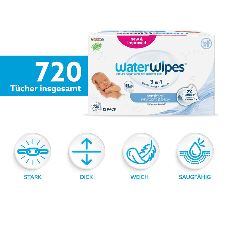 WaterWipes Original plastikfreie Feuchttücher für Babys und Kleinkinder 720 Stück (12 Packungen), he