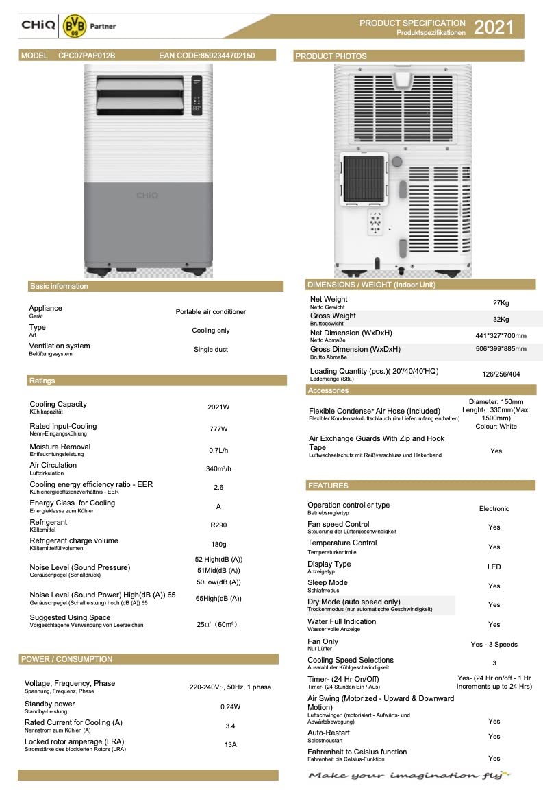 CHiQ-7000BTU - 4 in 1 Klimagerät schnelle Kühlung, mobile Klimaanlage, mit Fensterabdichtung, R290,