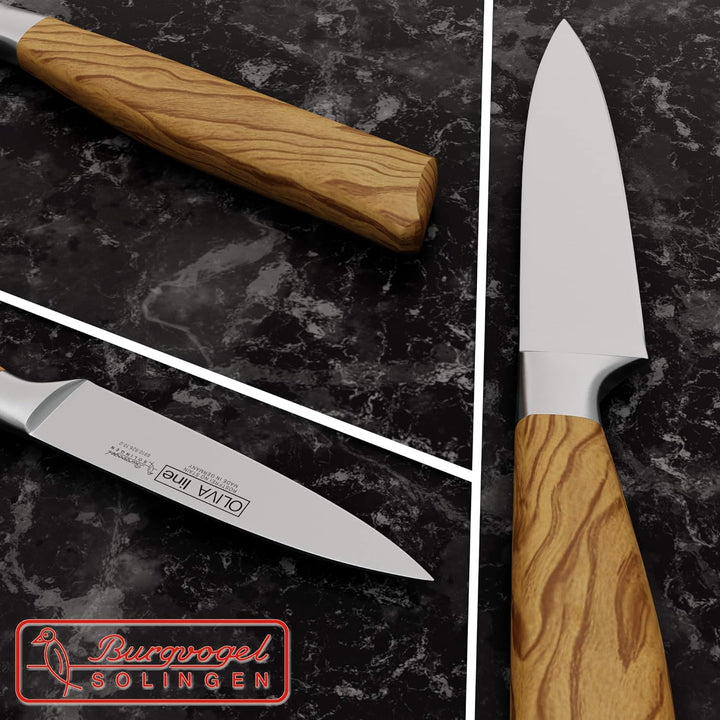 Burgvogel Solingen Spickmesser 10 cm geschmiedet Olivenholz, Oliva Line, rostfrei, deutsches Officem