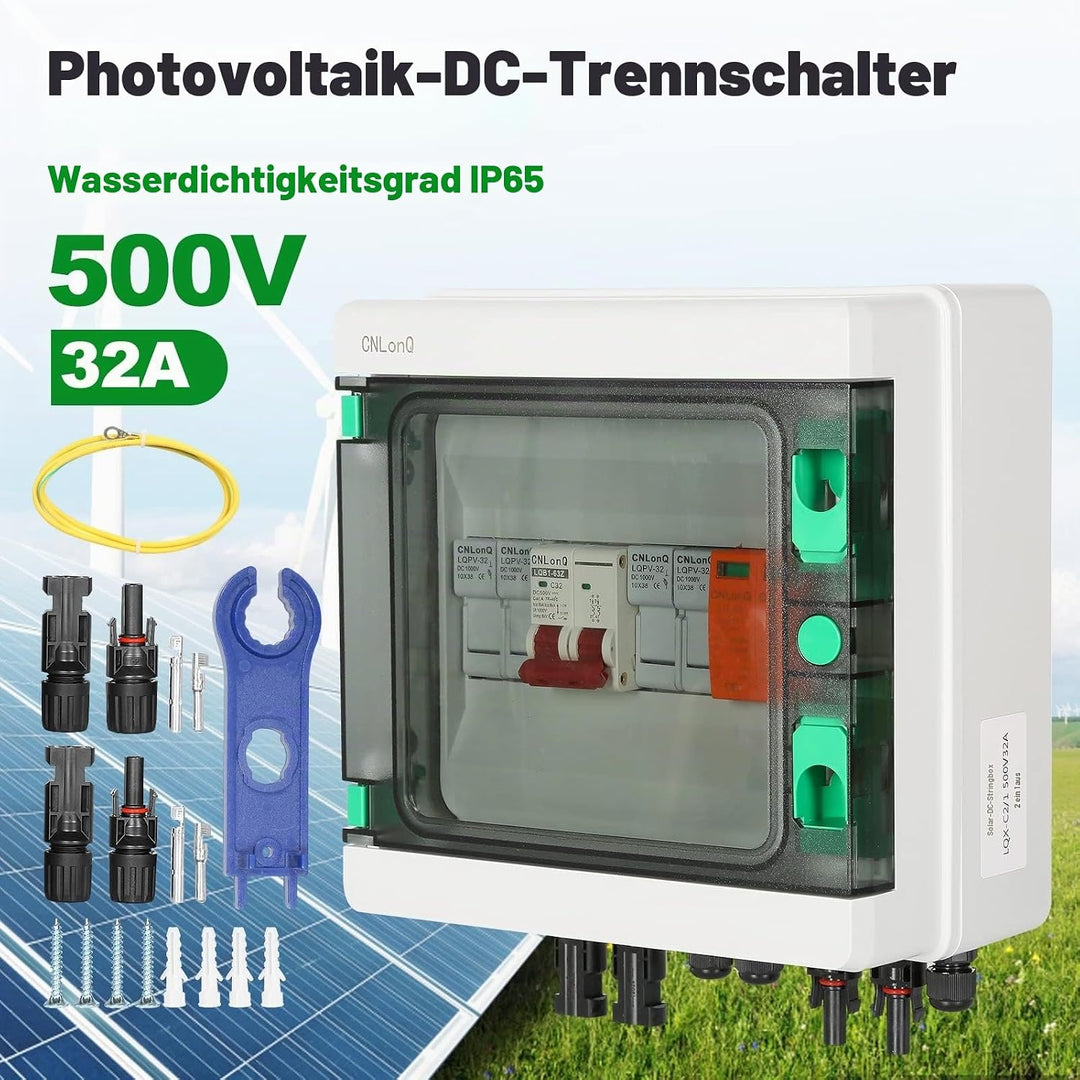DEWIN 2 Saiten Solar PV Combiner Box, 2 String 500V 32A Solar PV Anschlusskasten Box 2 in 1 aus Wass