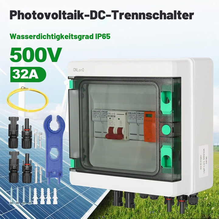 DEWIN 2 Saiten Solar PV Combiner Box, 2 String 500V 32A Solar PV Anschlusskasten Box 2 in 1 aus Wass