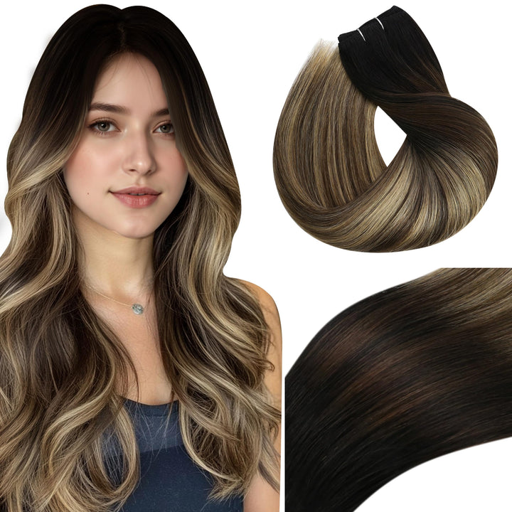 Vivien Echthaar Tressen zum Einnähen Schwarz Balayage 35 cm Extensions Echthaar Tressen Natürlich Sc