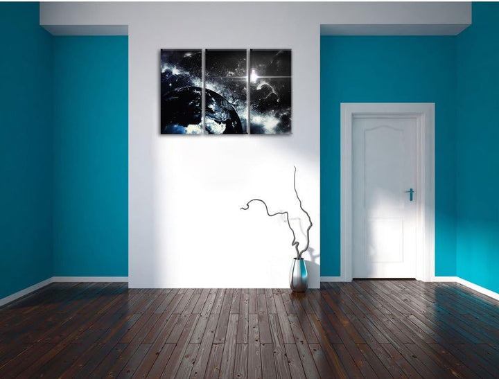 Pixxprint die Erde von Oben bei Nacht B&W Detail 3-Teiler Leinwandbild 120x80 Bild auf Leinwand