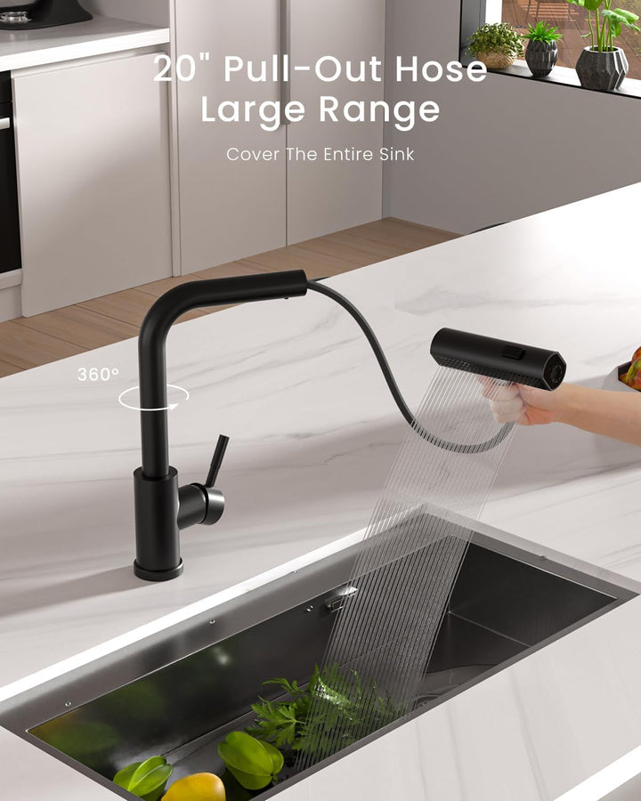 APPASO Wasserhahn Küche Schwarz Wasserfall, Hochdruck Küchenarmatur Schwarz, Küchenarmatur Ausziehba