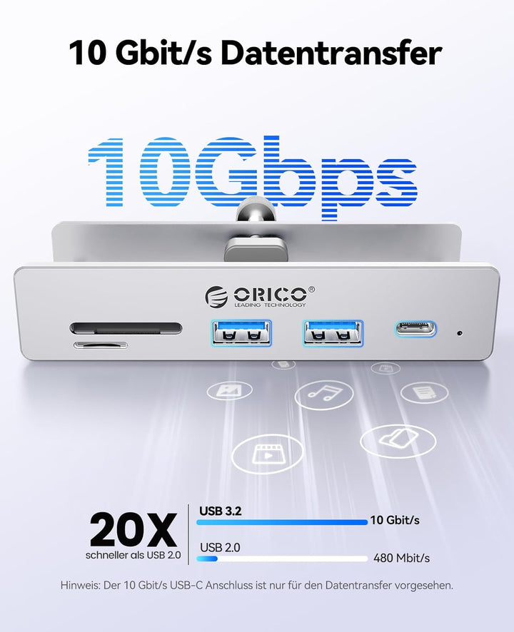 ORICO USB Hub 3.2 Schreibtisch, 10Gbit/s Aluminum USB-Hub Klemme und USB-C PD 60W, 6 Ports USB Verte