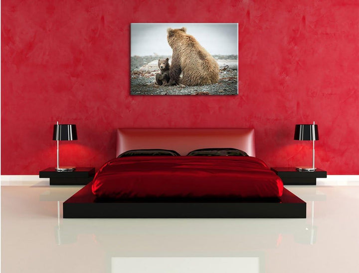 Pixxprint Bär mit Baby nach dem Baden, Format: 100x70 auf Leinwand, 100x70