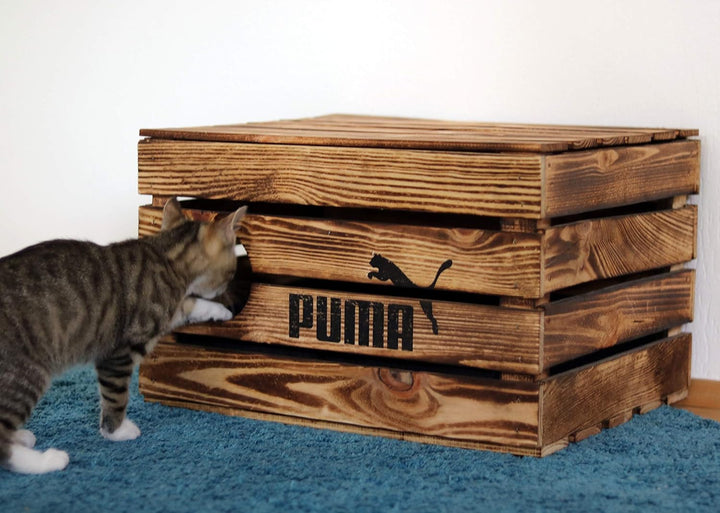 Rustikale Katzentruhe aus Holz Katzenhöhle in Obstkisten Design Katzenkorb mit Deckel für Katzen Kat